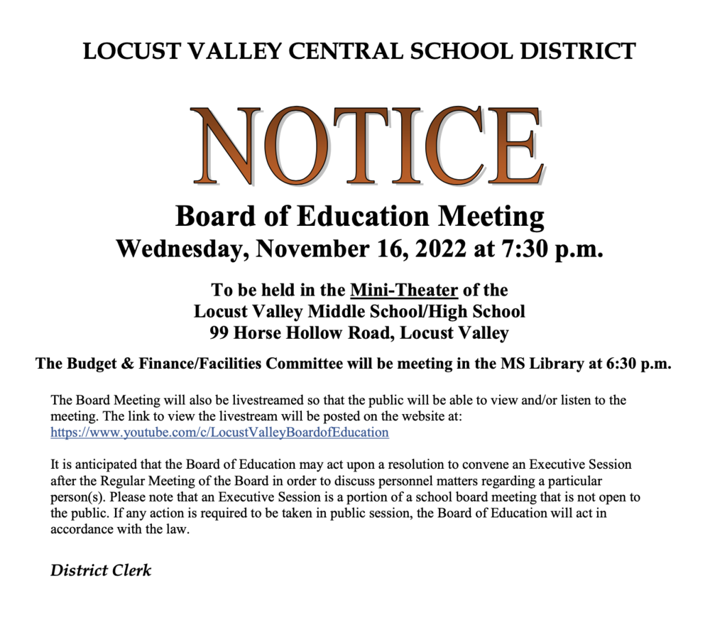 The next Board of Education meeting is in the Mini-Theater on 11/16 at 7:30 p.m.