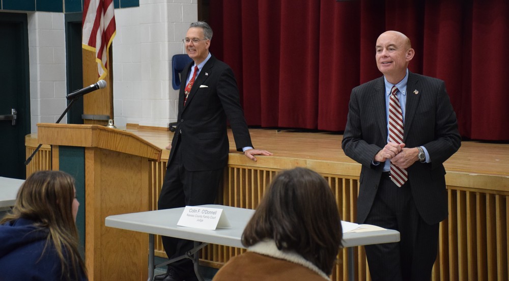 NYS Supreme Court Justice Timothy Driscoll and Nassau County Family Court Judge Colin O’Donnell spoke to LVHS students about civics on Dec. 5