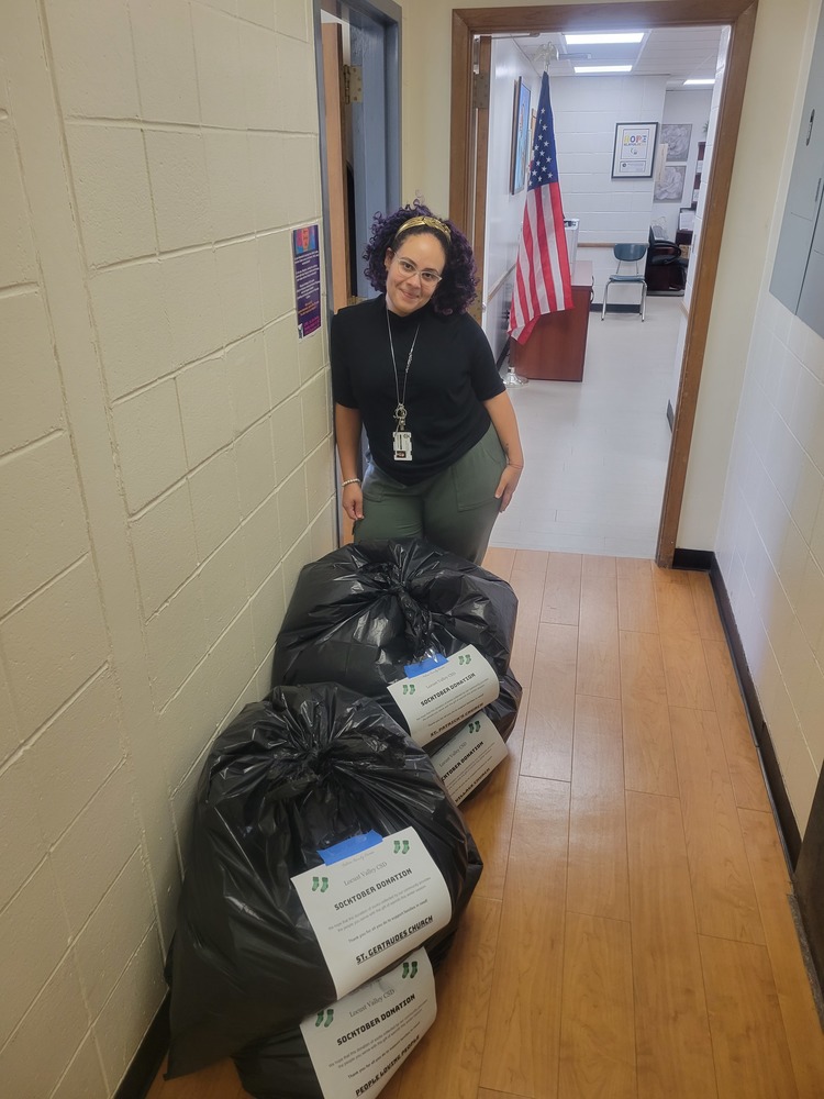 LVHS school social worker Bidania Criscuolo with the 885 pairs of donated socks.