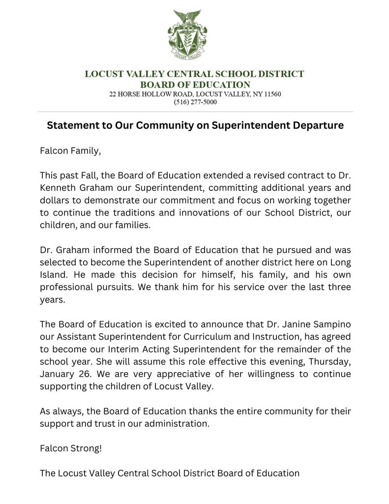 Statement to Our Community on Superintendent Departure.