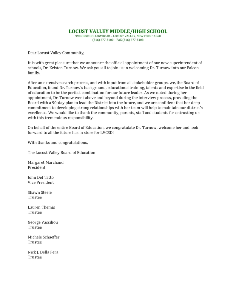 BOE Letter on the Hiring of Dr. Turnow as Superintendent of Schools.