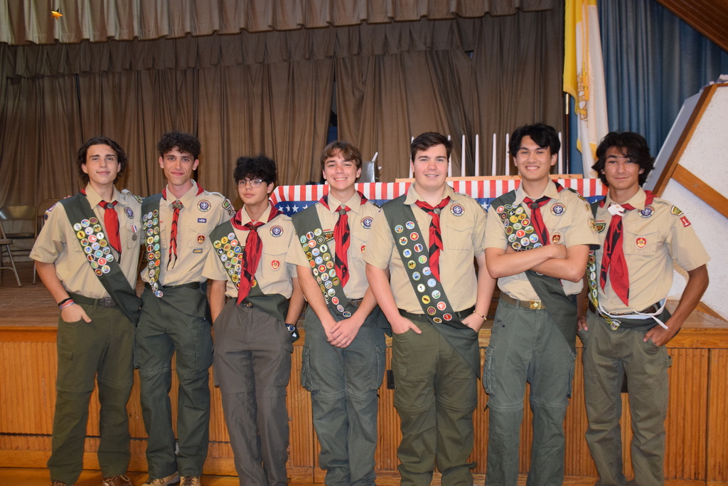 Locust Valley High School students (left to right) Aidan Domin, Sam Montavani, Sebastian Darrah, Samuel Huysman, Chais Domin, Dylan Sylwester and Louis Singe were among the eight local scouts named Eagle Scouts on July 19.